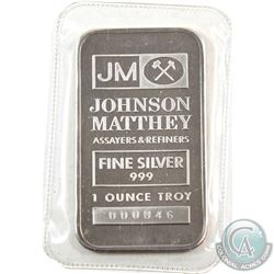 SCARCE! Johnson Matthey 1oz Fine Silver Bar with 'King Koil' Reverse (TAX Exempt). Serial #000846. 1