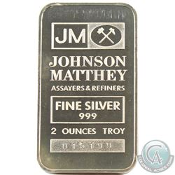 Scarce Johnson Matthey 2oz Fine Silver Bar with JM Logo Reverse (Tax Exempt). Serial #015323