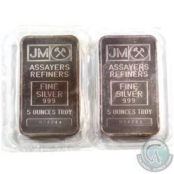 Consecutive Johnson Matthey 5oz Fine Silver Bar with Blank Reverse (TAX Exempt). Serial # 024743 & #