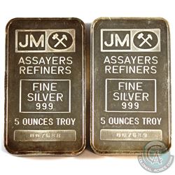 Consecutive Johnson Matthey 5oz Fine Silver Bar with Blank Reverse (TAX Exempt). Serial # 007688 & #