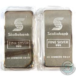 Scarce Consecutive Scotiabank 10oz Fine Silver Bars (TAX Exempt). Serial # 001968, #001969. 10oz exa