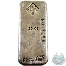 Scarce Johnson Matthey 20oz Fine Silver Bar with Serial # (TAX Exempt). Serial # F003154.