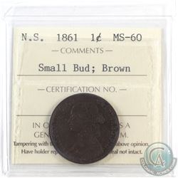 Nova Scotia 1-cent 1861 Small Bud ICCS Certified MS-60 Brown. An attractive coin with even deep choc