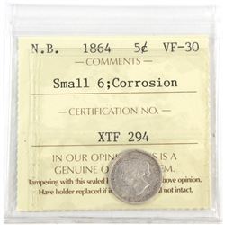 New Brunswick 5-cent 1864 Small 6 ICCS Certified VF-30 (Corrosion).