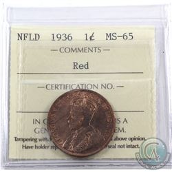 Newfoundland 1-cent 1936 ICCS Certified MS-65 Red.