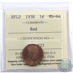 Newfoundland 1-cent 1938 ICCS Certified MS-64 Red