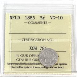 Newfoundland 5-cent 1885 ICCS Certified VG-10 *Key Date*