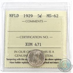 Newfoundland 5-cent 1929 ICCS Certified MS-62. Bold Strike