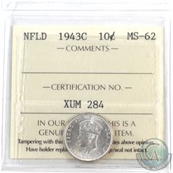 Newfoundland 10-cent 1943c ICCS Certified MS-62! Scarce in Mint state!