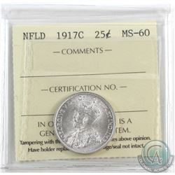 Newfoundland 25-cent 1917C ICCS Certified MS-60. Frosty white coin.