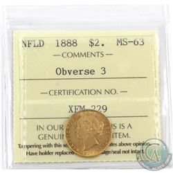 Newfoundland $2 1888 Gold Obverse 3 ICCS Certified MS-63