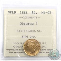 Newfoundland $2 1888 Gold Obverse 3 ICCS Certified MS-62