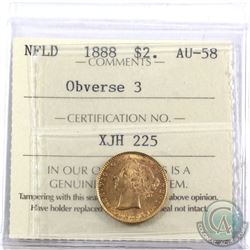 Newfoundland $2 1888 Gold Obverse 3 ICCS Certified AU-58