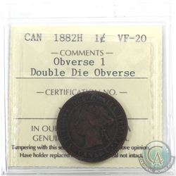 1-cent 1882H Double Die Obverse, Obverse 1 ICCS Certified VF-20