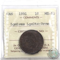 1-cent 1891 LL LD ICCS Certified MS-62 Brown