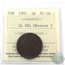 1-cent 1891 LL SD ICCS Certified VF-30 Obverse 2