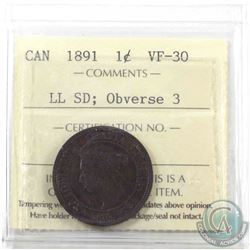 1-cent 1891 LL SD ICCS Certified VF-30 Obverse 3