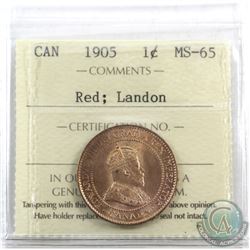 1-cent 1905 ICCS Certified MS-65 Red; Landon. Spectacular strike 90% full red!