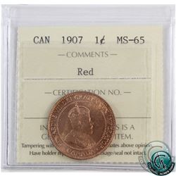 1-cent 1907 ICCS Certified MS-65 Red. Full red coin with exceptional eye appeal.