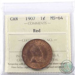 1-cent 1907 ICCS Certified MS-64 Red. A near full red coin with lustrous fields.