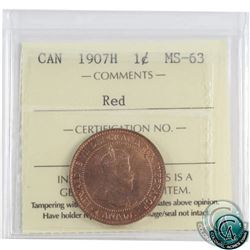 1-cent 1907H ICCS Certified MS-63 Red. A great mint state coin with the tougher "H" mint mark.