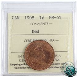 1-cent 1908 ICCS Certified MS-65 Red. A nice first Canadian mint issue coin, with full strike detail