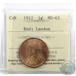 1-cent 1912 ICCS Certified MS-65 Red; Landon. An attractive original coin with soft satin fields and