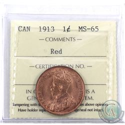 1-cent 1913 ICCS Certified MS-65 Red. Nice full Red coin with choice eye appeal.