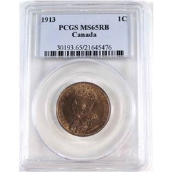 1-cent 1913 Canada 1-cent PCGS Certified MS-65 RB. An attractive evenly toned coin.