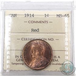 1-cent 1914 ICCS Certified MS-65 RED! Old embossed 2 letter holder!