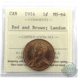 1-cent 1914 ICCS Certified MS-64 Red and Brown; Landon. 70% full red.