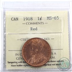 1-cent 1918 ICCS Certified MS-65 Red. A lustrous coin with deep tones throughout.