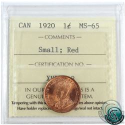 1-cent 1920 Small ICCS Certified MS-65 Red! Nice full red coin.