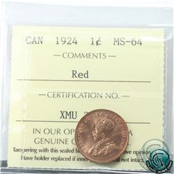 1-cent 1924 ICCS Certified MS-64 Red. Bright coin with radiant lustre throughout. Choice eye appeal!