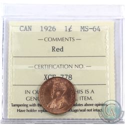 1-cent 1926 ICCS Certified MS-64 Red. Amazing eye appeal! Very tough to find this key date in mint s