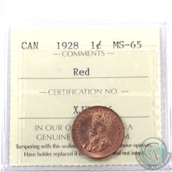 1-cent 1928 ICCS Certified MS-65 Red. Tied for the highest grade. A great full red coin with soft sa