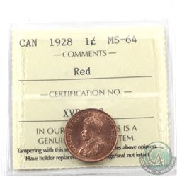 1-cent 1928 ICCS Certified MS-64 Red. Consistent red tones throughout with flashy rolling lustre.