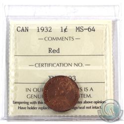 1-cent 1932 ICCS Certified MS-64 Red. Deep orange original lustre!