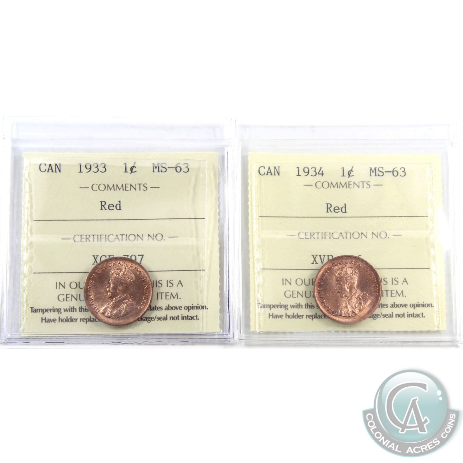 1-cent 1933 & 1934 ICCS Certified MS-63 Red. 2pcs