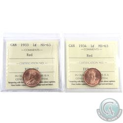 1-cent 1933 & 1934 ICCS Certified MS-63 Red. 2pcs