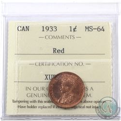 1-cent 1933 ICCS Certified MS-64 Red.