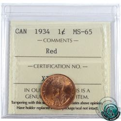 1-cent 1934 ICCS Certified MS-65 Red. Exceptional Eye Appeal!