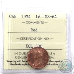 1-cent 1934 ICCS Certified MS-64 Red.