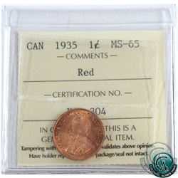 1-cent 1935 ICCS Certified MS-65 Red. A vibrant coin with soft orange glow.