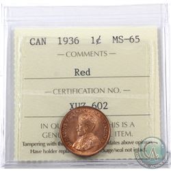 1-cent 1936 ICCS Certified MS-65 Red. A nice choice full red coin with great eye appeal.