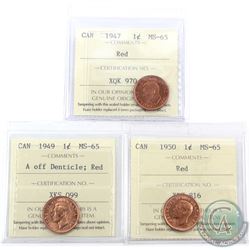 1-cent 1947, 1949 A of Denticle & 1950 ICCS Certified MS-65 Red. 3pcs. All coins are full red.