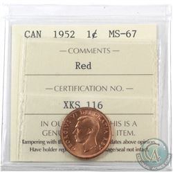 1-cent 1952 ICCS Certified MS-67 Red. Possibly solo highest graded by ICCS. Spectacular strike!