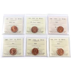 1-cent 1953 NSF, 1955 SF, 1956, 1957, 1958 & 1959 ICCS Certified MS-65 Red. 6pcs