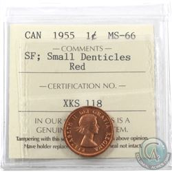 1-cent 1955 Small Denticles ICCS Certified MS-66 Red.