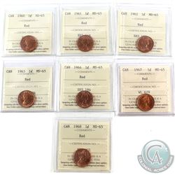 1-cent 1960, 1961, 1962, 1963, 1964, 1967 & 1968 ICCS Certified MS-65 Red. 7pcs